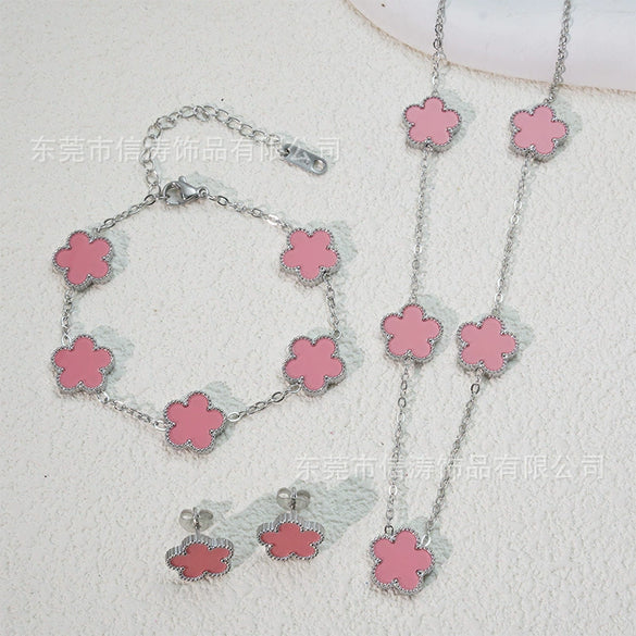 Wholesale Unisex Fashion Simple Plants And Flowers Titanium Steel Electroplated Necklace Bracelet Earrings Set