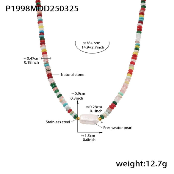 Wholesale Unisex Ferris Wheel Colorful Natural Stone Beaded Necklace With Freshwater Rice Pearl Simple Geometric Titanium Steel Electroplated Clavicle Chain