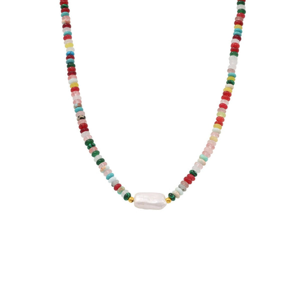 Wholesale Unisex Ferris Wheel Colorful Natural Stone Beaded Necklace With Freshwater Rice Pearl Simple Geometric Titanium Steel Electroplated Clavicle Chain