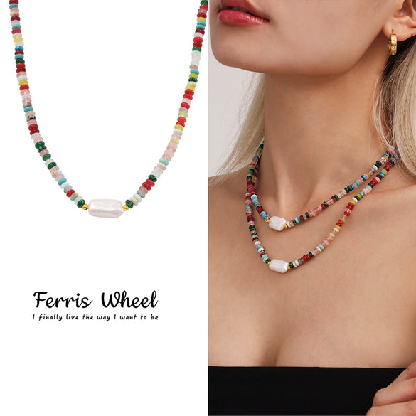 Wholesale Unisex Ferris Wheel Colorful Natural Stone Beaded Necklace With Freshwater Rice Pearl Simple Geometric Titanium Steel Electroplated Clavicle Chain