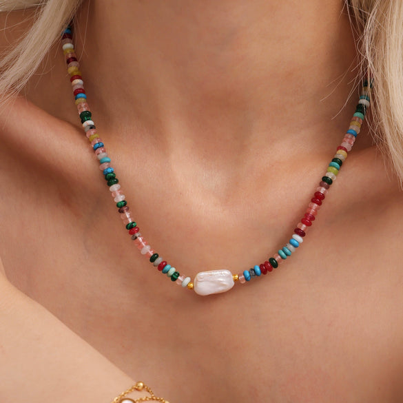 Wholesale Unisex Ferris Wheel Colorful Natural Stone Beaded Necklace With Freshwater Rice Pearl Simple Geometric Titanium Steel Electroplated Clavicle Chain