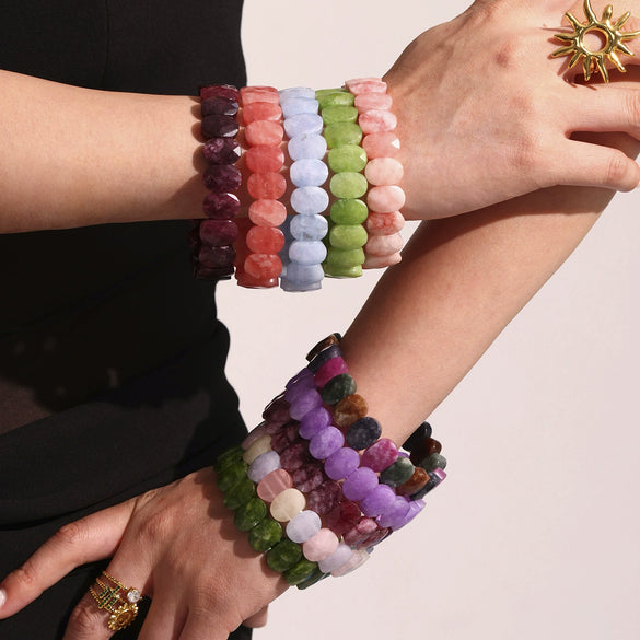 Wholesale Unisex Ferris Wheel Faceted Multicolor Natural Stone Elastic Bracelet With Green Aventurine Crystal Agate Stainless Steel Geometric Electroplated