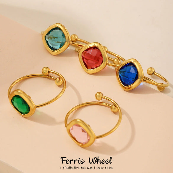 Wholesale Unisex Ferris Wheel Geometric Stainless Steel And Glass Stone Electroplated Open Adjustable Ring Bracelet