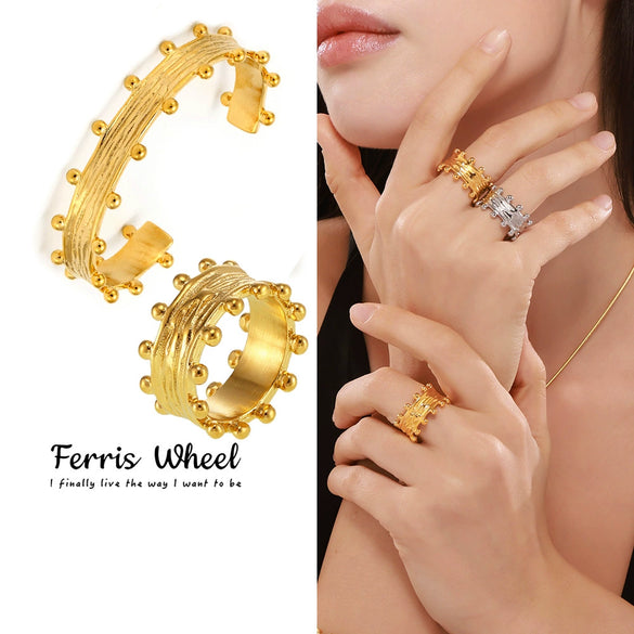 Wholesale Unisex Ferris Wheel Retro Palace Style Asymmetrical Design Jewelry Set Of Open J Ring Bracelet And Earrings In Titanium Steel And Stainless Steel Goldplated