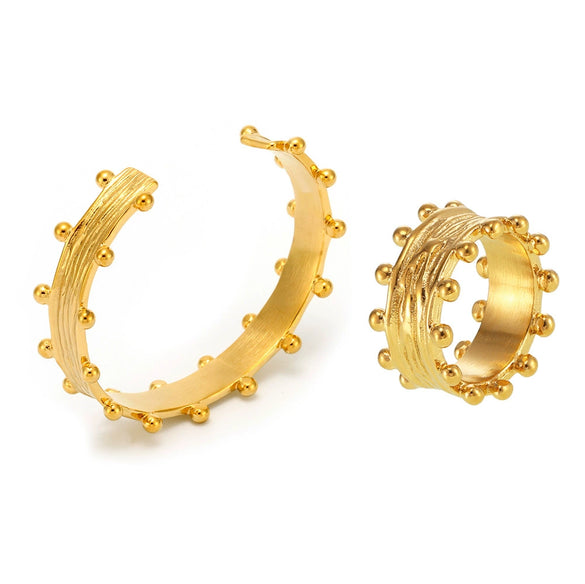 Wholesale Unisex Ferris Wheel Retro Palace Style Asymmetrical Design Jewelry Set Of Open J Ring Bracelet And Earrings In Titanium Steel And Stainless Steel Goldplated