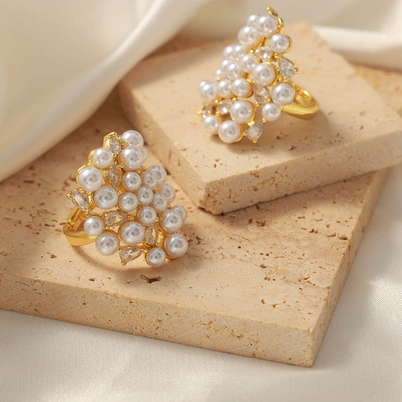 Wholesale Unisex Geometric Asymmetric Design Inlaid Zircon Imitation Pearl Titanium Steel Electroplated Ring