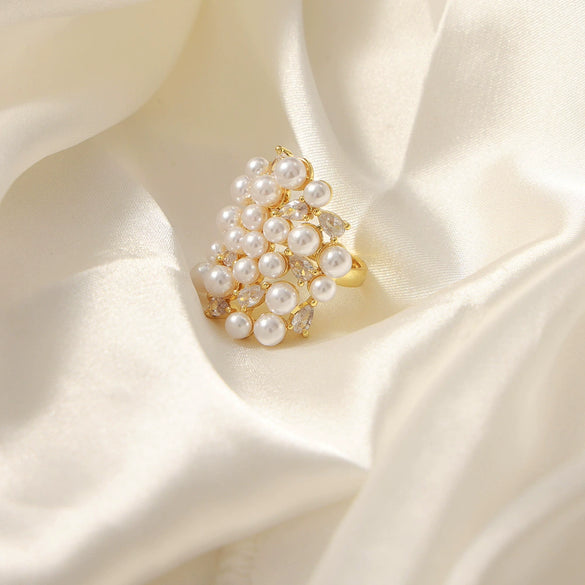 Wholesale Unisex Geometric Asymmetric Design Inlaid Zircon Imitation Pearl Titanium Steel Electroplated Ring