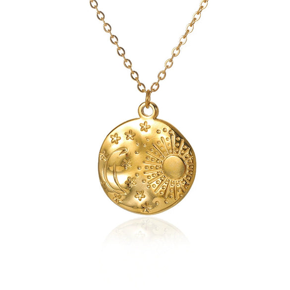 Wholesale Unisex Geometric Copper Coin Pendant Necklace With Embossed Sun Moon And 18K Gold Plated Cross Chain