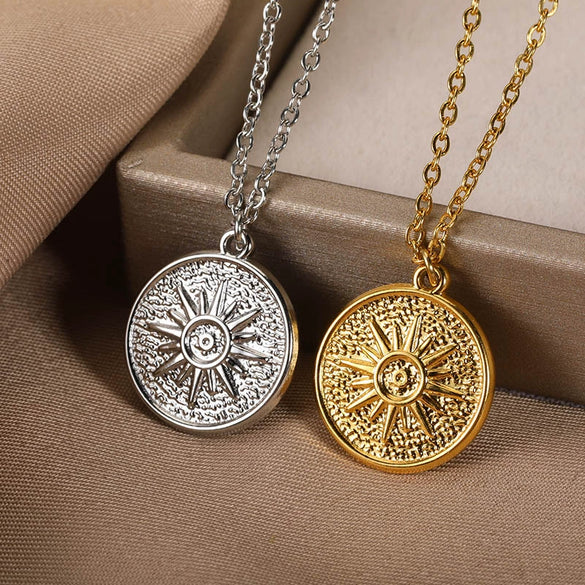Wholesale Unisex Geometric Copper Coin Pendant Necklace With Embossed Sun Moon And 18K Gold Plated Cross Chain