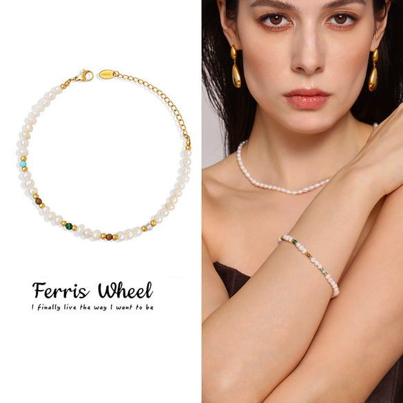 Wholesale Unisex Geometric Electroplated Titanium Steel And Freshwater Pearl Bracelet With Colorful Design