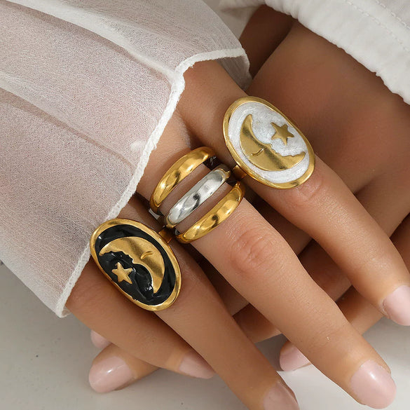 Wholesale Unisex Geometric Electroplated Titanium Steel Ring With Starry Sky Moon Design