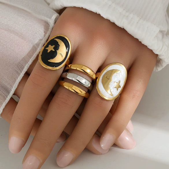 Wholesale Unisex Geometric Electroplated Titanium Steel Ring With Starry Sky Moon Design