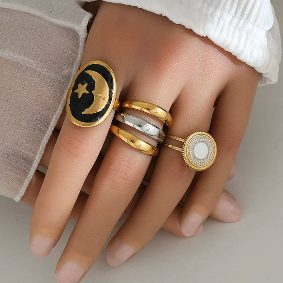 Wholesale Unisex Geometric Electroplated Titanium Steel Ring With Starry Sky Moon Design