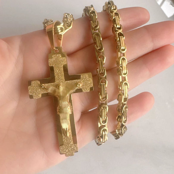 Wholesale Unisex Geometric Embossed Frosted Cross Pendant Titanium Steel Electroplated Necklace With String Of Pearls Chain