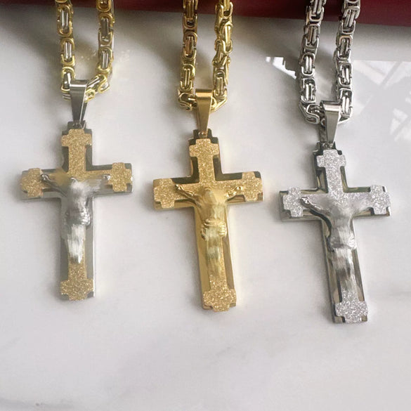 Wholesale Unisex Geometric Embossed Frosted Cross Pendant Titanium Steel Electroplated Necklace With String Of Pearls Chain