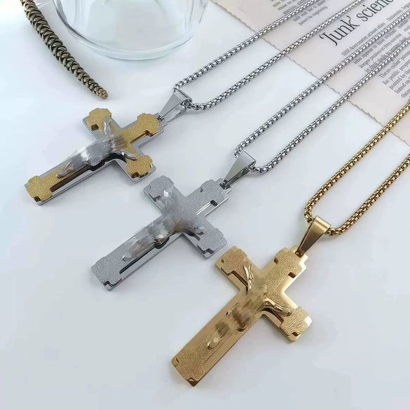Wholesale Unisex Geometric Embossed Frosted Cross Pendant Titanium Steel Electroplated Necklace With String Of Pearls Chain