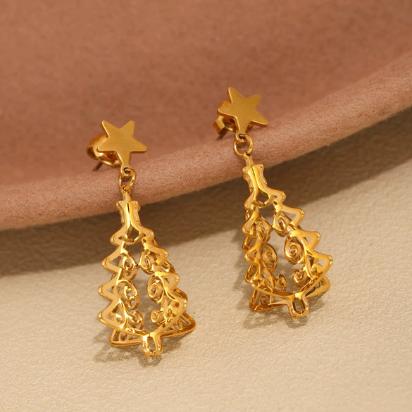 Wholesale Unisex Geometric Ferris Wheel And Tree Of Life Hollow Earrings Titanium Steel 18K Gold Plated