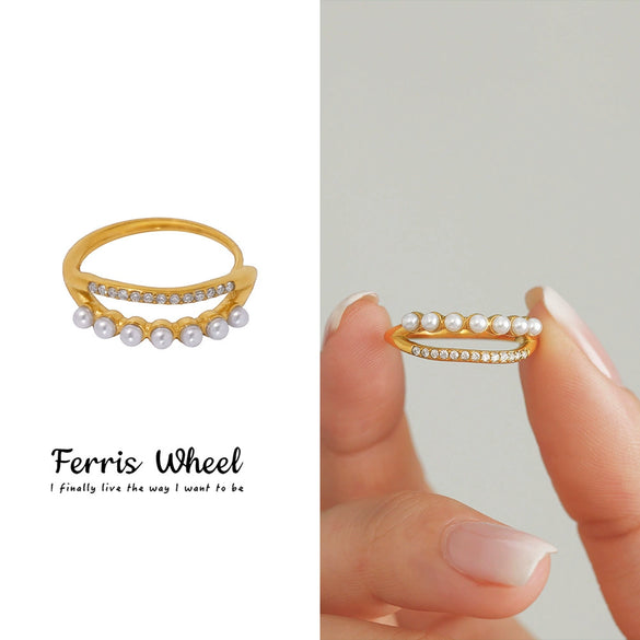 Wholesale Unisex Geometric Ferris Wheel Inlaid Colored Zircon Row Drill Ring With Imitation Pearls Titanium Steel Gold Plated Jewelry