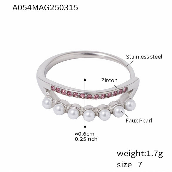 Wholesale Unisex Geometric Ferris Wheel Inlaid Colored Zircon Row Drill Ring With Imitation Pearls Titanium Steel Gold Plated Jewelry