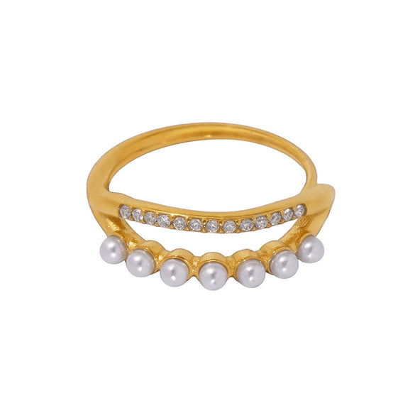 Wholesale Unisex Geometric Ferris Wheel Inlaid Colored Zircon Row Drill Ring With Imitation Pearls Titanium Steel Gold Plated Jewelry