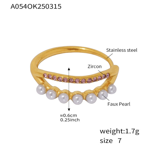 Wholesale Unisex Geometric Ferris Wheel Inlaid Colored Zircon Row Drill Ring With Imitation Pearls Titanium Steel Gold Plated Jewelry