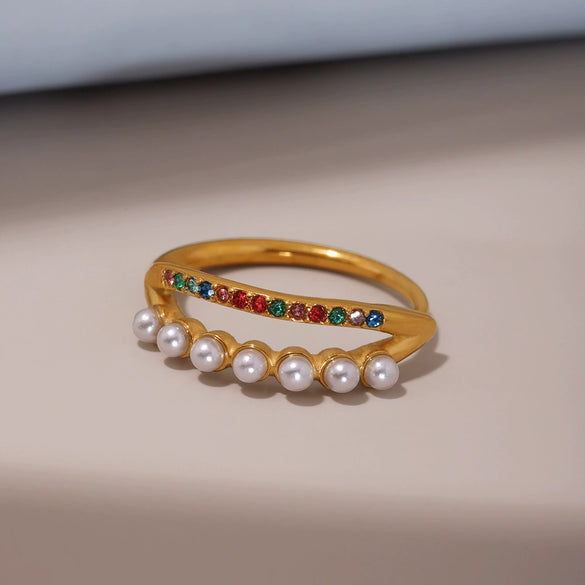 Wholesale Unisex Geometric Ferris Wheel Inlaid Colored Zircon Row Drill Ring With Imitation Pearls Titanium Steel Gold Plated Jewelry