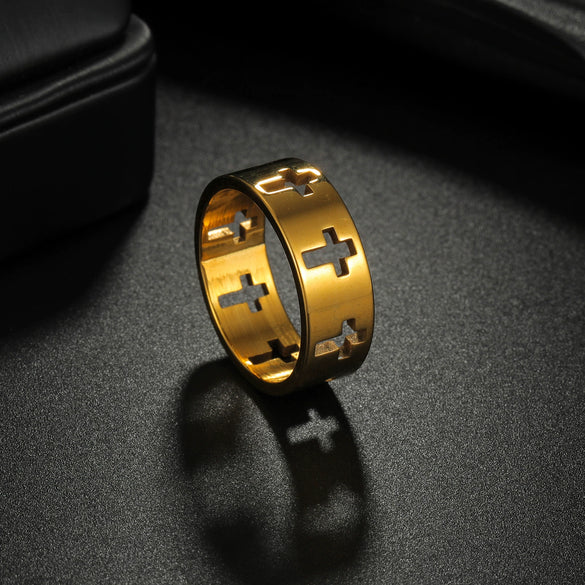 Wholesale Unisex Geometric Hollow Cross Titanium Steel Ring With Electroplating
