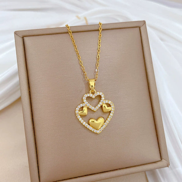 Wholesale Unisex Geometric Hollow Double Layer Heart Stainless Steel And Copper Necklace With Cartoon And Minimalist Style