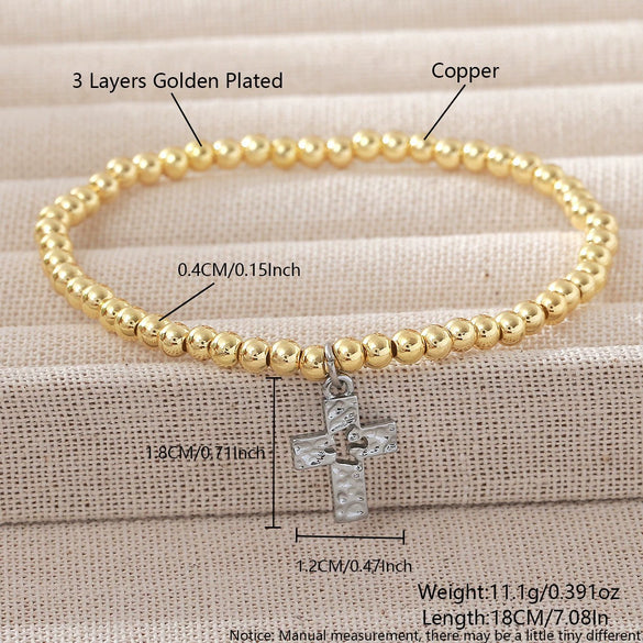 Wholesale Unisex Geometric Ins Style Round Bead Crossshaped Copper Goldplated Bracelet Set