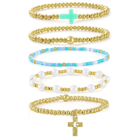 Wholesale Unisex Geometric Pattern Goldplated Copper Beaded Bracelet With Cross Pendant