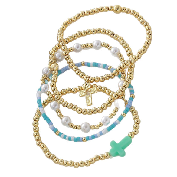 Wholesale Unisex Geometric Pattern Goldplated Copper Beaded Bracelet With Cross Pendant