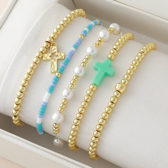 Wholesale Unisex Geometric Pattern Goldplated Copper Beaded Bracelet With Cross Pendant