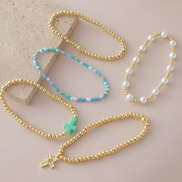 Wholesale Unisex Geometric Pattern Goldplated Copper Beaded Bracelet With Cross Pendant