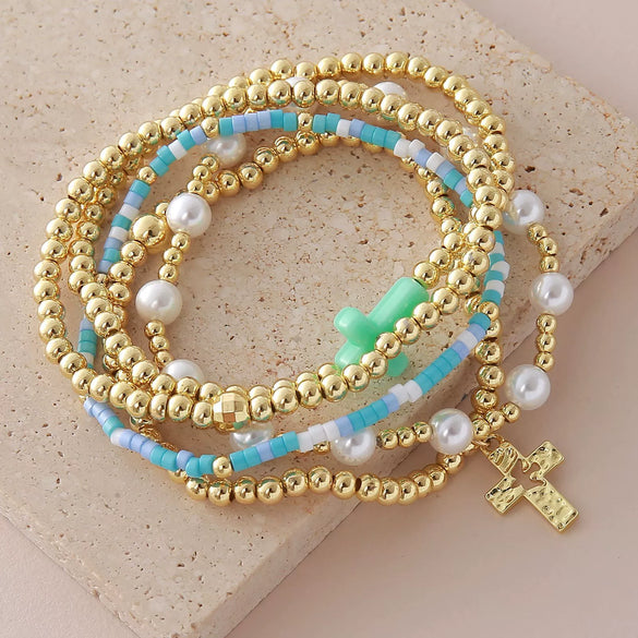 Wholesale Unisex Geometric Pattern Goldplated Copper Beaded Bracelet With Cross Pendant