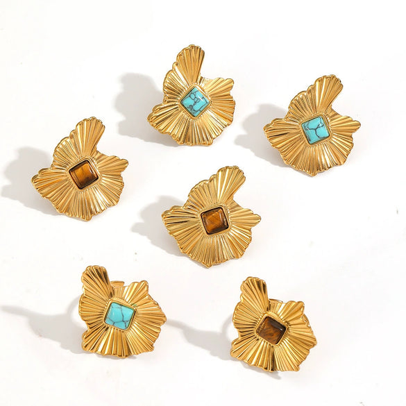 Wholesale Unisex Geometric Real Gold Plated Ruffled Natural Stone Stainless Steel Open Ring That Does Not Fade