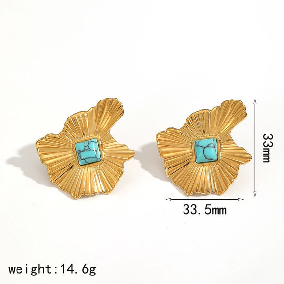 Wholesale Unisex Geometric Real Gold Plated Ruffled Natural Stone Stainless Steel Open Ring That Does Not Fade