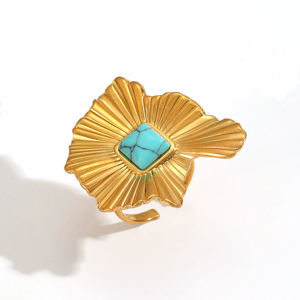 Wholesale Unisex Geometric Real Gold Plated Ruffled Natural Stone Stainless Steel Open Ring That Does Not Fade