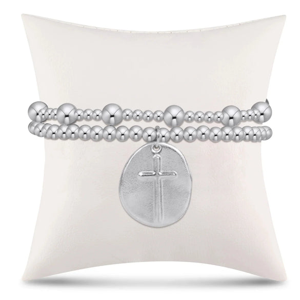 Wholesale Unisex Geometric Round Beads Copper Electroplated Bracelet With Cross Pendant