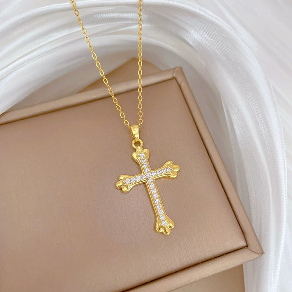 Wholesale Unisex Geometric Stainless Steel And Copper Cross Full Diamond Necklace