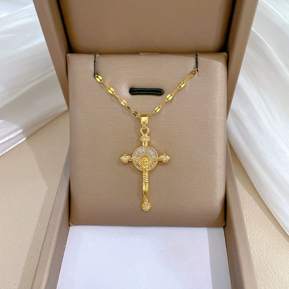 Wholesale Unisex Geometric Stainless Steel And Copper Diamond Necklace With Cross Pendant