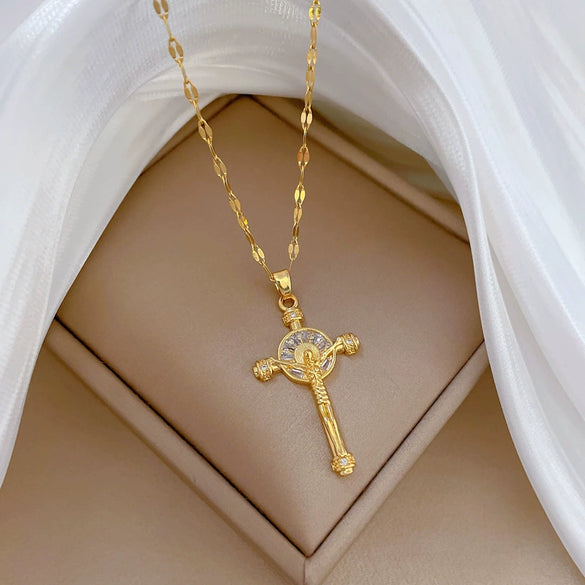 Wholesale Unisex Geometric Stainless Steel And Copper Diamond Necklace With Cross Pendant