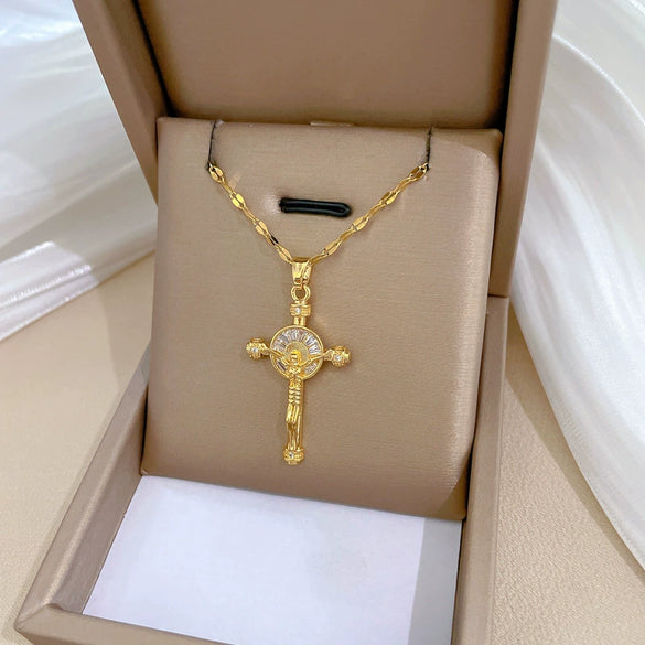 Wholesale Unisex Geometric Stainless Steel And Copper Diamond Necklace With Cross Pendant