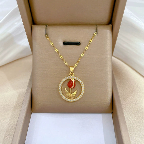 Wholesale Unisex Geometric Stainless Steel And Copper Ring Rose Necklace With Picture Paragraph Chain