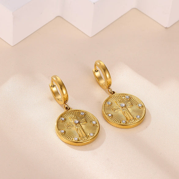 Wholesale Unisex Geometric Stainless Steel And Gold Electroplated Embossed Cross Disc Pendant Earrings