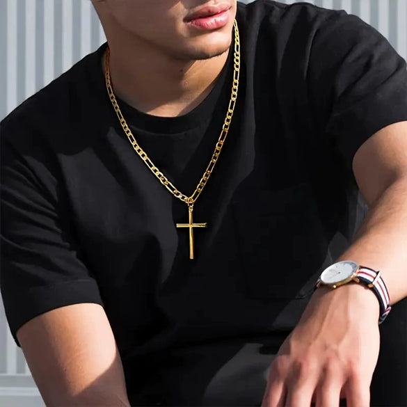 Wholesale Unisex Geometric Stainless Steel And Titanium Steel Cross Pendant Necklace With Polish Finish And Cuban Chain