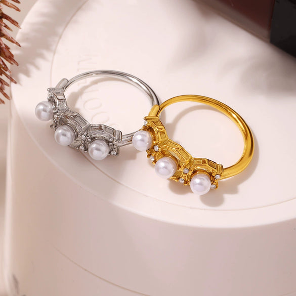 Wholesale Unisex Geometric Stainless Steel Pearl Zircon Electroplated Ferris Wheel Empty Pad Set Ring