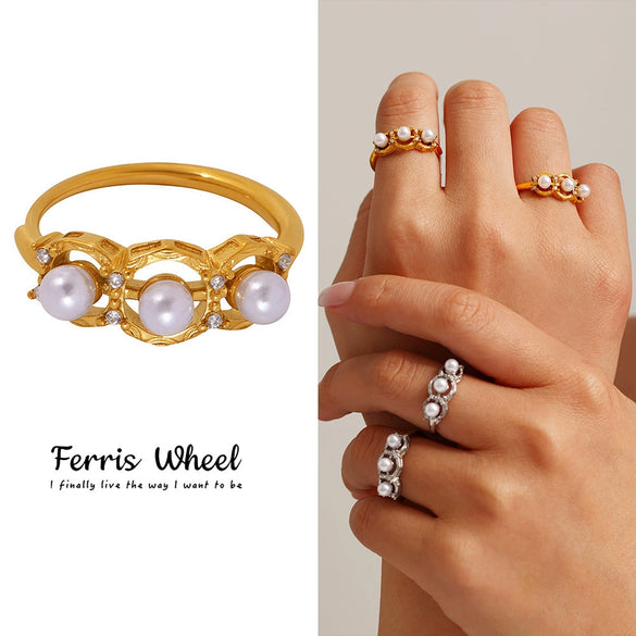 Wholesale Unisex Geometric Stainless Steel Pearl Zircon Electroplated Ferris Wheel Empty Pad Set Ring
