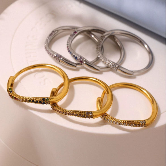 Wholesale Unisex Geometric Stainless Steel Zircon Electroplated Ferris Wheel Wave Ring Jewelry