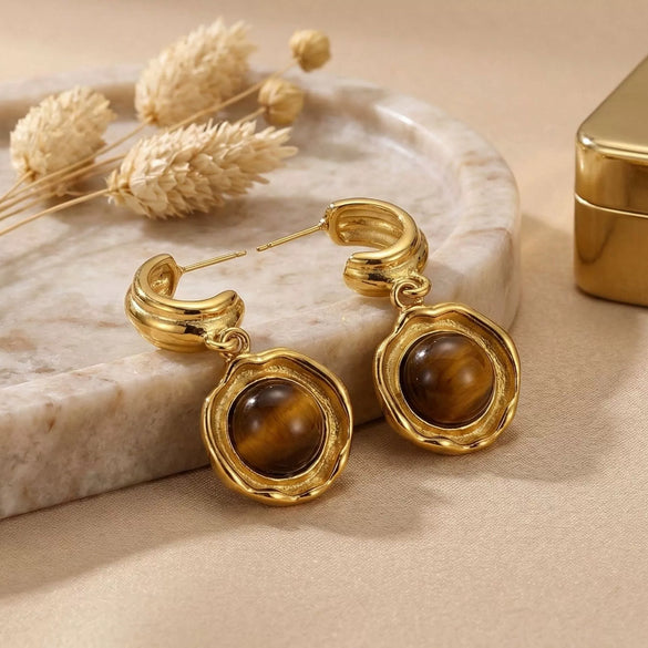 Wholesale Unisex Geometric Tiger Eye Earrings 18K Gold Plated Titanium Steel And Stainless Steel Vintage Minimalist French Retro Style