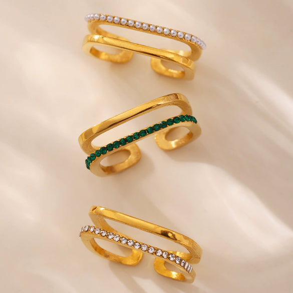 Wholesale Unisex Geometric Titanium Steel And Zircon Goldplated Doublelayer Opening Ring Hand Jewelry